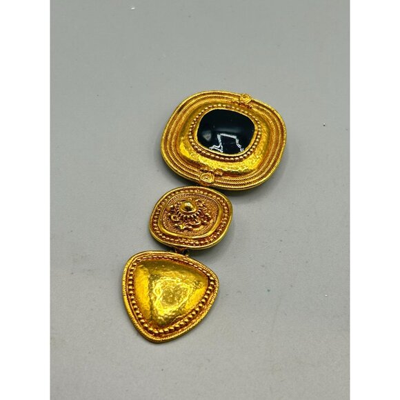 Matte Gold Tone Oversized Pin Brooch Etruscan Revival Geometric Black Enamel - Picture 3 of 6